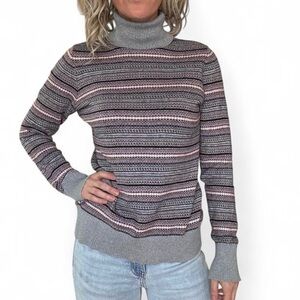 LL Bean Fair Isle Sweater Womens M Cotton Cashmere Pullover Turtleneck Striped